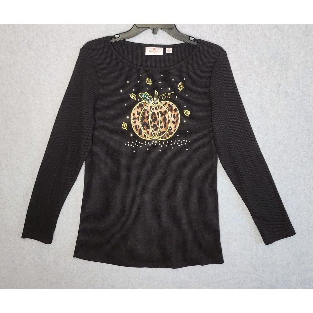 Quacker Factory Top Size XS Black Animal Print Pumpkin Waffle Knit Long Sleeve